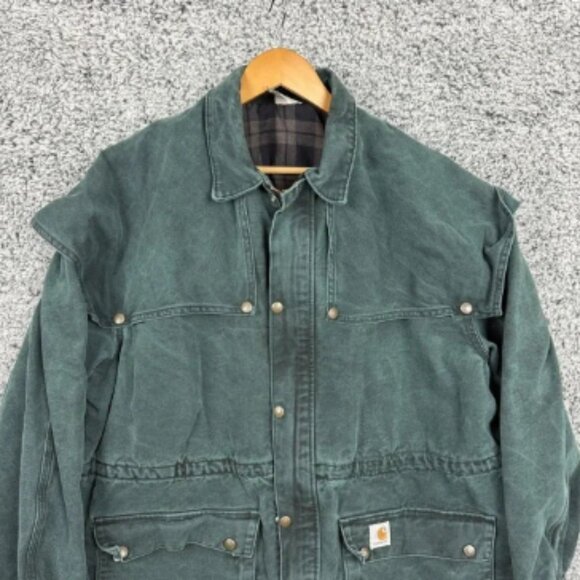 Vintage Carhartt Jacket Mens XL Green Canvas Cape Duster Lined Chore Coat USA - Picture 2 of 14